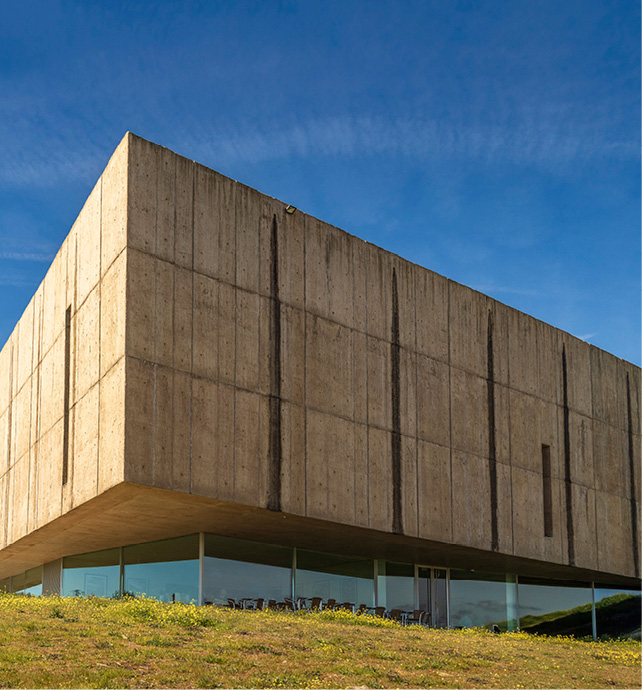 The corner of a large building