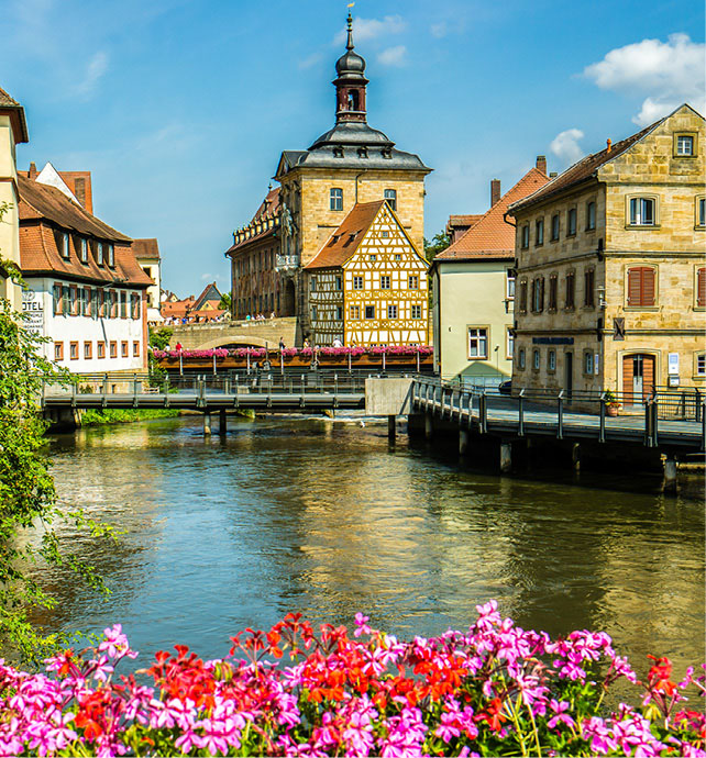 Timber-framed houses overlook the river in Bamberg, Germany